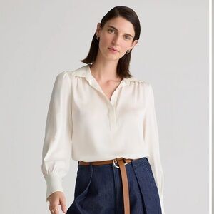 Elegant Ivory Women's Washable Silk Split Neck Blouse